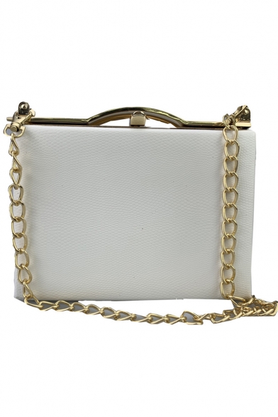 Trendy Solid Color Metal Edging White Crossbody Clutch Bag with Chain Strap 18*14*4 CM