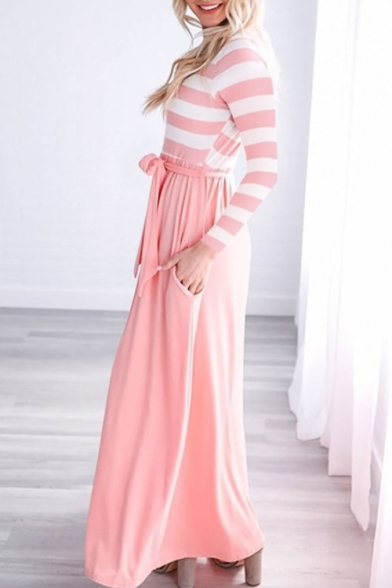 Trendy Striped Printed V-Neck Long Sleeve Tied Waist Maxi Dress for Women