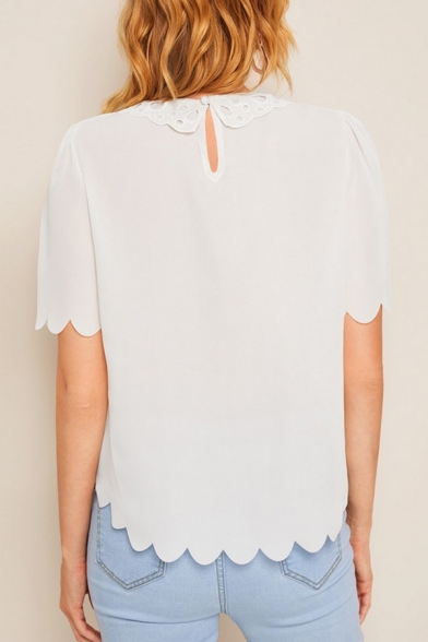 Unique Stylish Round Neck Short Sleeve Scalloped Hem White Loose Fit T-Shirt Top