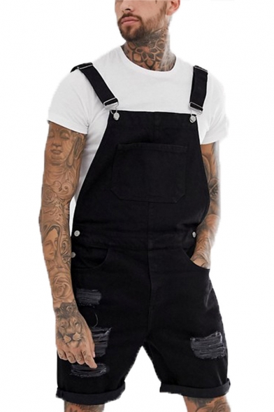 Vintage Black Distressed Ripped Rolled Cuff Work Denim Overalls Shorts for Guys