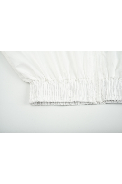 White Color Block Stripe Long Sleeve Stand Collar Velvet Cropped Zip Up Sweatshirt