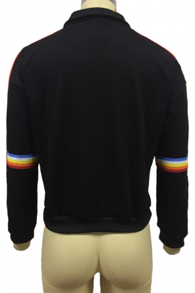 Women's Cool Half-Zip Front High Neck Rainbow Striped Print Long Sleeve Black Loose Fit Sweatshirt