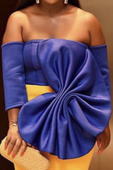 Women's Elegant Off The Shoulder Long Sleeve Colorblock Printed Bow Detail Floor Length Bodycon Dress