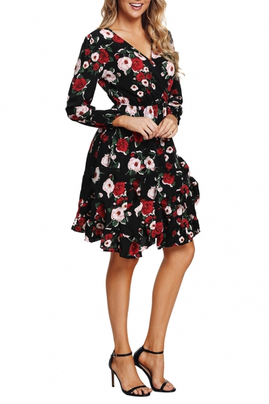Women's Fashion Floral Print Long Sleeve V-Neck Ruffle Hem Mini A-Line Black Dress