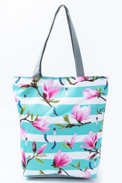Women's Fashion Floral Stripe Pattern Green Shoulder Tote Shopper Bag 27*11*38 CM