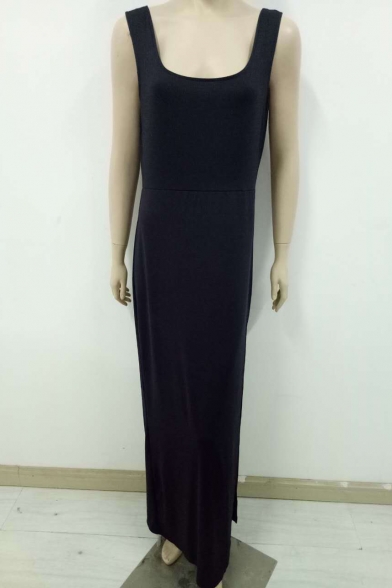 Women's Fashion Simple Plain Sleeveless Scoop Neck Backless Split Hem Tank Black Dress