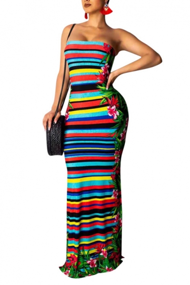 Women's Fashionable Off The Shoulder Rainbow Stripes Floral Printed Backless Bodycon Maxi Dress