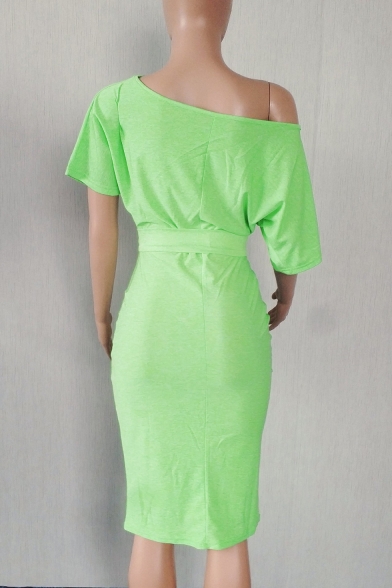 Women's Green Solid Color One Shoulder Short Sleeve Bow Tie Midi Bodycon Pencil Dress