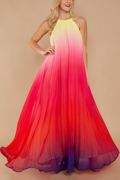 Women's Hot Fashion Halter Neck Sleeveless Colorblock Print Backless Maxi Swing Red Dress