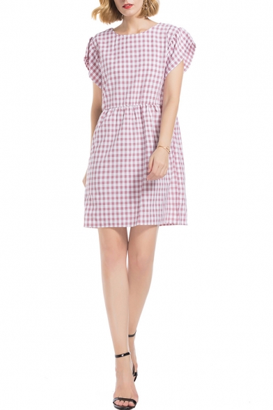 Women's New Trendy Plaid Print Short Sleeve Round Neck Mini Babydoll Pink Dress