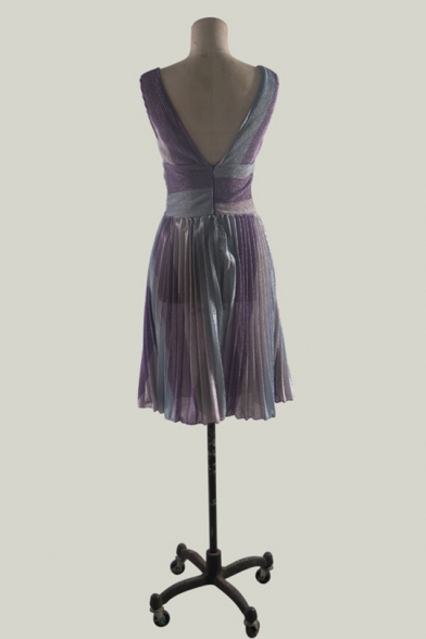 Women's Summer Sexy Plunge Neck Sleeveless Stripes Midi Swing A-line Purple Dress