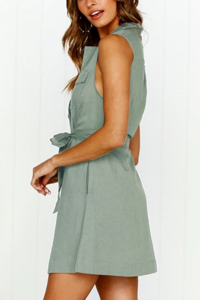 Women's Summer Simple Plain Notched Lapel Collar Sleeveless Bow-Tied Waist Button-Down Mini A-Line Dress