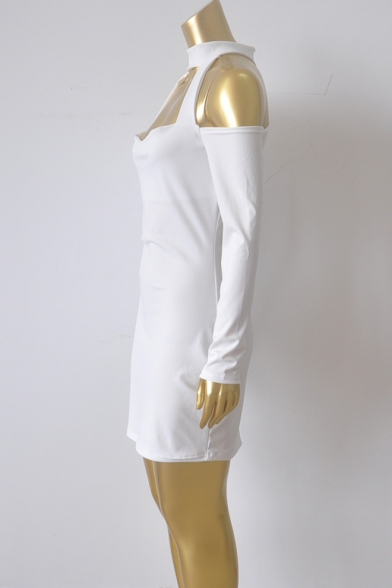 Womens Basic Simple Plain Halter Neck Cutout Cold Shoulder Long Sleeve Mini Cream White Pencil Dress