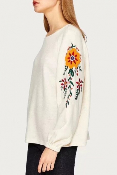 Womens Chic Floral Embroidery Long Sleeve Round Neck Casual Loose Beige Sweatshirt