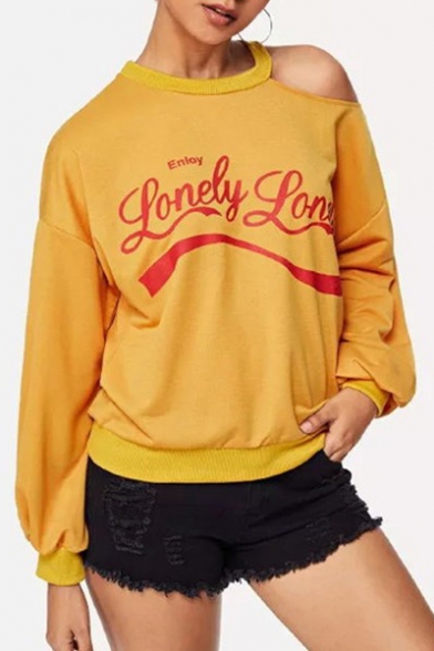 Womens Cool Simple Letter LONELY Print Cold Shoulder Long Sleeve Round Neck Loose Casual Ginger Sweatshirt