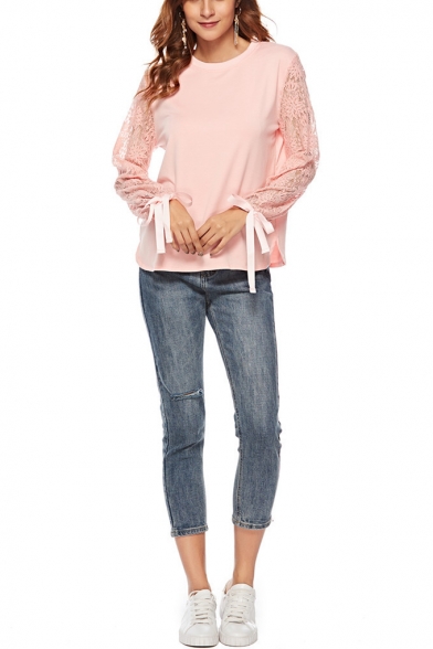 Womens Fashion Solid Color Round Neck Lace Patched Long Sleeve Pink Sweatshirt