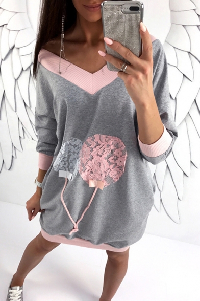 Womens Hot Fashion Colorblock V-Neck Long Sleeve Loose Fit Tunic Sweatshirt