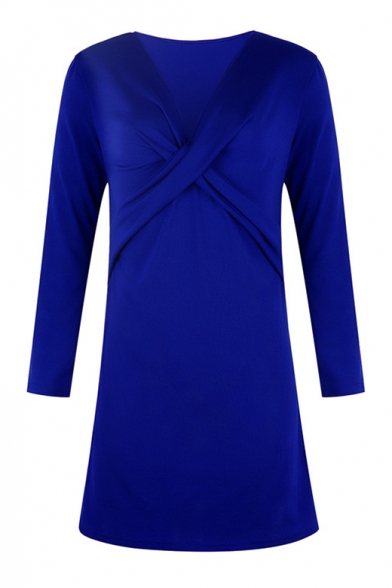 Womens Hot Fashion Simple Solid Color Cross V-Neck Long Sleeve Mini A-Line Dress
