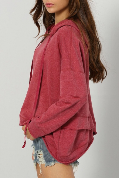 Womens New Trendy Simple Plain Asymmetrical Hem Long Sleeve Casual Loose Pullover Hoodie