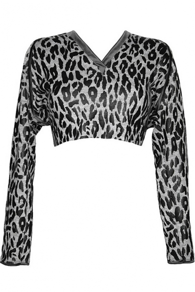 Womens Sexy Fashion Leopard Pattern Long Sleeve Loose Fit Black Crop Hoodie