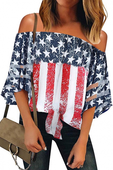 Womens Sexy Off the Shoulder Mesh Patched Sleeve American Flag Print Casual Loose T-Shirt