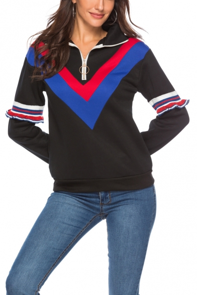 Womens Stylish Chevron Stripe Printed Ruffled Long Sleeve Half-Zip Lapel Collar Black Sweatshirt