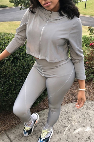 Womens Trendy Solid Color Long Sleeve Zip Up Cropped Grey Hoodie