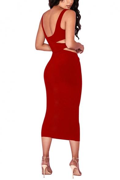 Womens Trendy Solid Color Square Neck Sleeveless Sexy Hollow Out Maxi Bodycon Dress