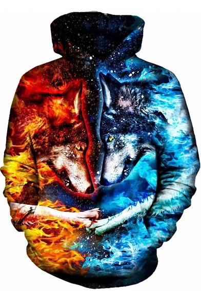 3D Blue Red Fire and Ice Wolf Print Colorblock Long Sleeve Hoodie with Pocket