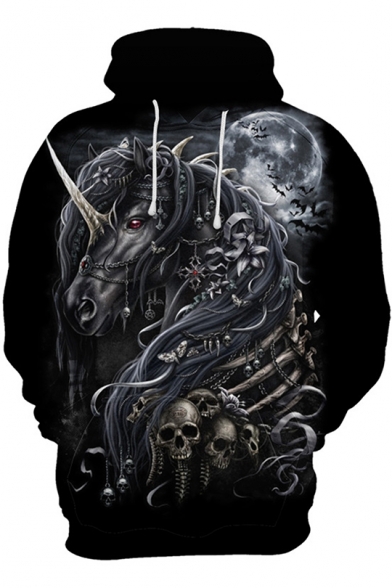 Black 3D Horse Skull Moon Printed Drawstring Long Sleeve Hoodie with Pocket