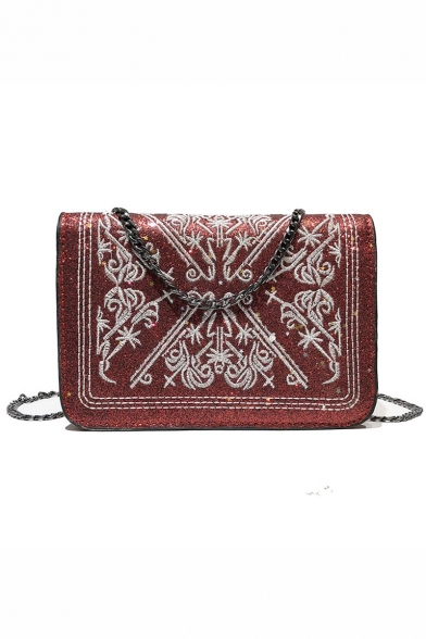 Chic Embroidered Sequin Square Crossbody Bag with Chain Strap 19*7*13 CM