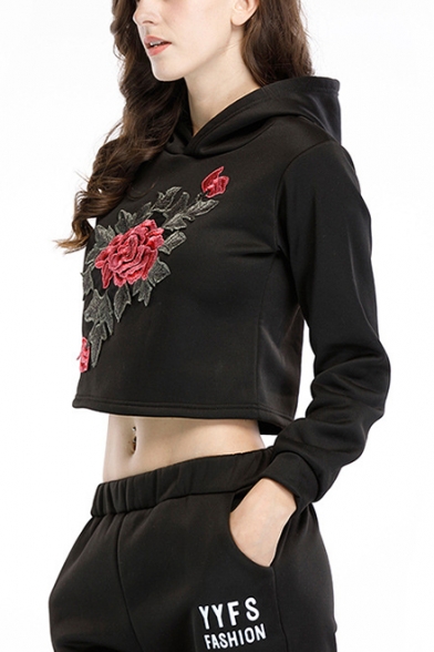 Chic Floral Embroidery Long Sleeve Loose Sport Crop Hoodie