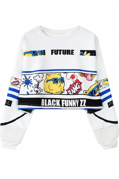 Cool Letter FUTURE Comic Figure Print Long Sleeve Round Neck Cropped Sweatshirt