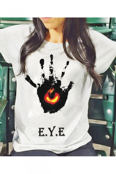 Cool Street Fashion Letter EYE Hand Palm Print White Casual Graphic Tee