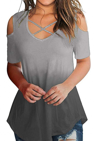 Crisscross V-Neck Cold Shoulder Short Sleeve Fashion Ombre Color Casual Loose Asymmetrical T-Shirt for Women