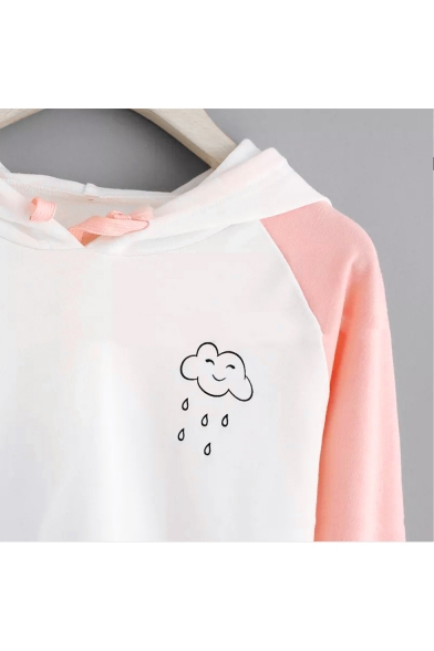 Cute Cartoon Cloud Rain Print Color Block Long Sleeve Cropped White Hoodie