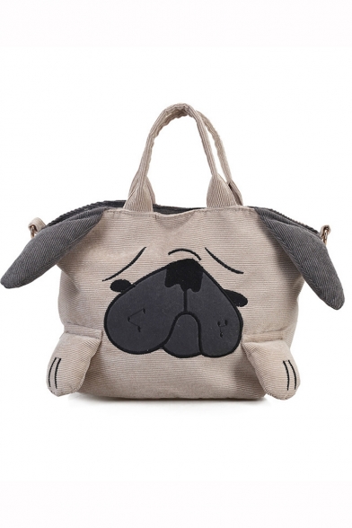 Cute Cartoon Dog Pattern Khaki Corduroy Shoulder Bag 19*11*20 CM