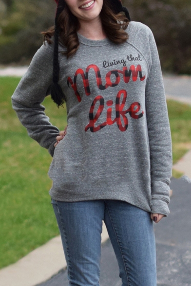 Fancy Plaid Letter MOM LIFE Print Round Neck Long Sleeve Grey Sweatshirt