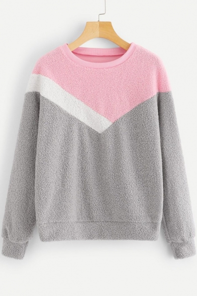 Fashion Color Block Round Neck Long Sleeve Fluffy Sweatshirt