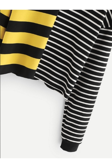 Fashion Colorblocked Stripe Pattern Round Neck Long Sleeve Cropped Sweatshirt