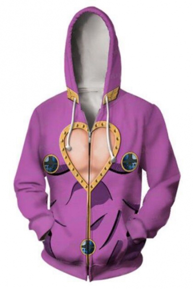 Fashion Comic Cosplay Costume 3D Heart Printed Zip Up Casual Purple Hoodie
