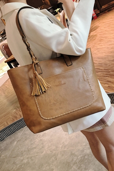 Fashion Plain Tassel Embellishment Large Capacity Tote Bag with Pocket 34*30*12 CM