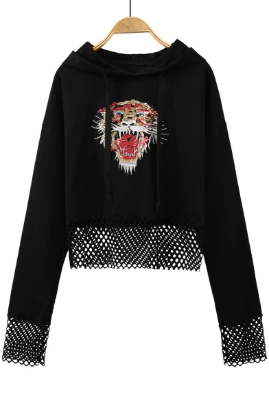 Fashion Sequined Tiger Embroidery Mesh Grid Panel Long Sleeve Casual Loose Hoodie