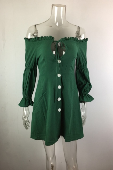 Fashion Vintage Green Ruffled Tied Off the Shoulder Long Sleeve Button Front Mini A-Line Cotton Dress