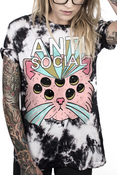 Funny ANTI SOCIAL Cartoon Cat Pattern Round Neck Short Sleeve Longline T-Shirt