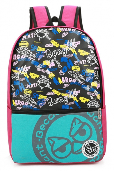 Funny Cartoon Owl Letter Printed Colorblock Canvas School Bag Backpack 31*14*43 CM