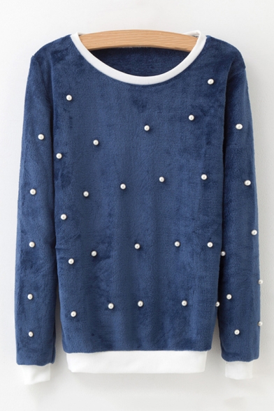 Girls Contrast Trim Round Neck Long Sleeve Beaded Embellished Casual Pullover Sweatshirt