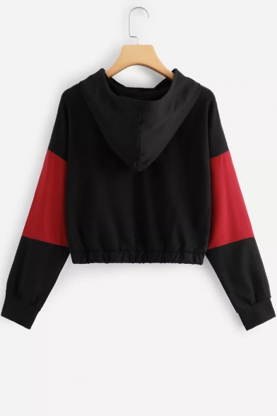Girls New Trendy Colorblock Long Sleeve Elastic Hem Cropped Black and Red Hoodie