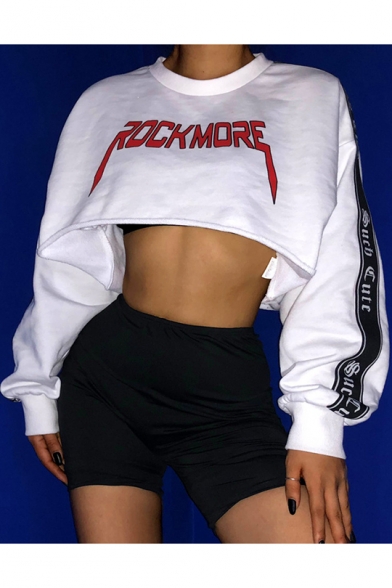 Girls Popular Letter ROCK MORE Letter Tape Long Sleeve White Hip Hop Crop Sweatshirt