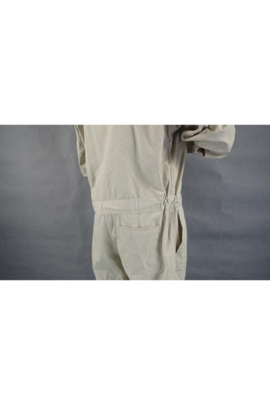 Guys Cotton Simple Plain Light Grey Hooded Long Sleeve Zipper Front Mechanic Workwear Coveralls
